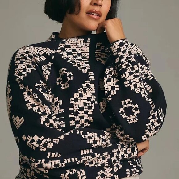 Anthropologie The Beatriz Mock Neck Sweater XL Geometric Navy Cream Soft Boho* - Picture 2 of 15